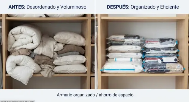 Comparativa visual de una balda antes y después de usar bolsas de vacío