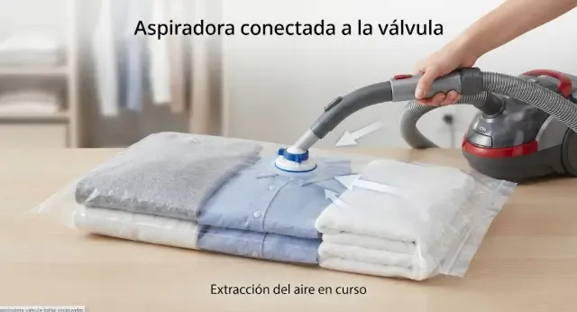 Boquilla de aspiradora conectada a la válvula de una bolsa de vacío