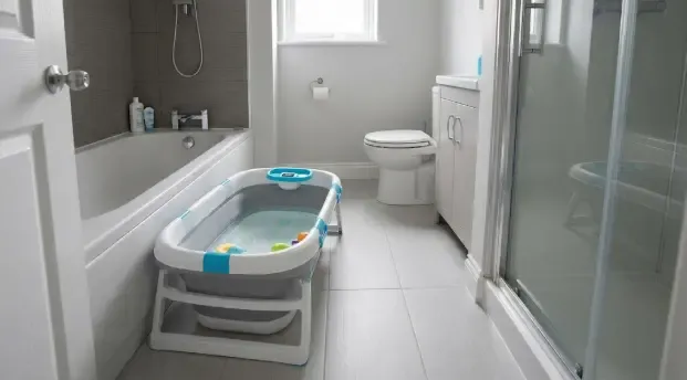 Bañera plegable de bebé montada en un baño pequeño junto a la ducha