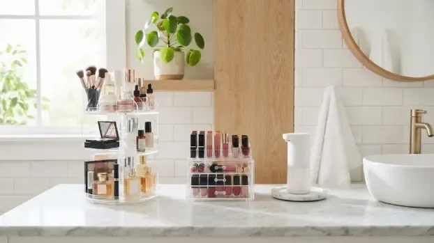 Baño ordenado con torre giratoria, estuche de cajones y dispensador automático de jabón