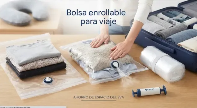Mujer enrollando una bolsa de compresión junto a una maleta abierta
