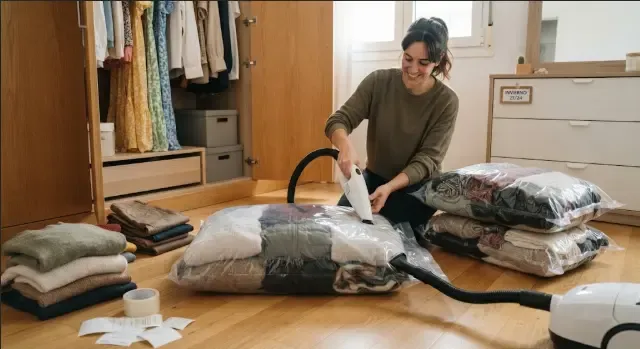 Bolsas de vacío para ropa y edredones sobre una cama