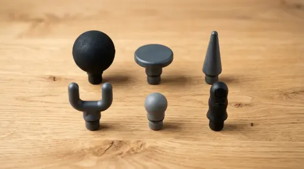 Diferentes cabezales de una pistola de masaje sobre una superficie de madera