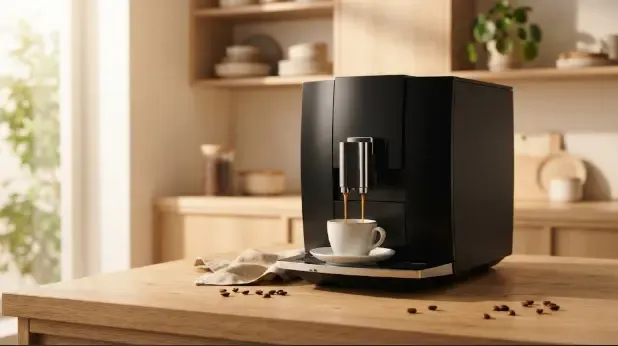 Cafetera superautomática preparando un espresso en una cocina luminosa