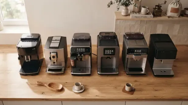 Comparativa visual de seis cafeteras superautomáticas alineadas sobre una encimera