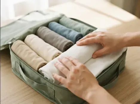 Camisetas enrolladas dentro de un packing cube de compresión listas para viajar