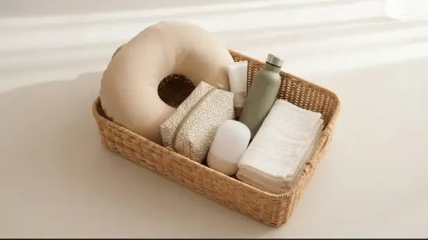 Cesta de regalo para madre primeriza con productos útiles para el posparto y el día a día