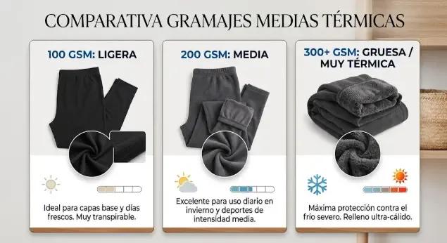 Comparativa visual de medias térmicas efecto piel de distintos gramajes