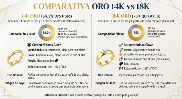 Comparativa visual de un anillo de oro 14k y otro de 18k bajo luz natural