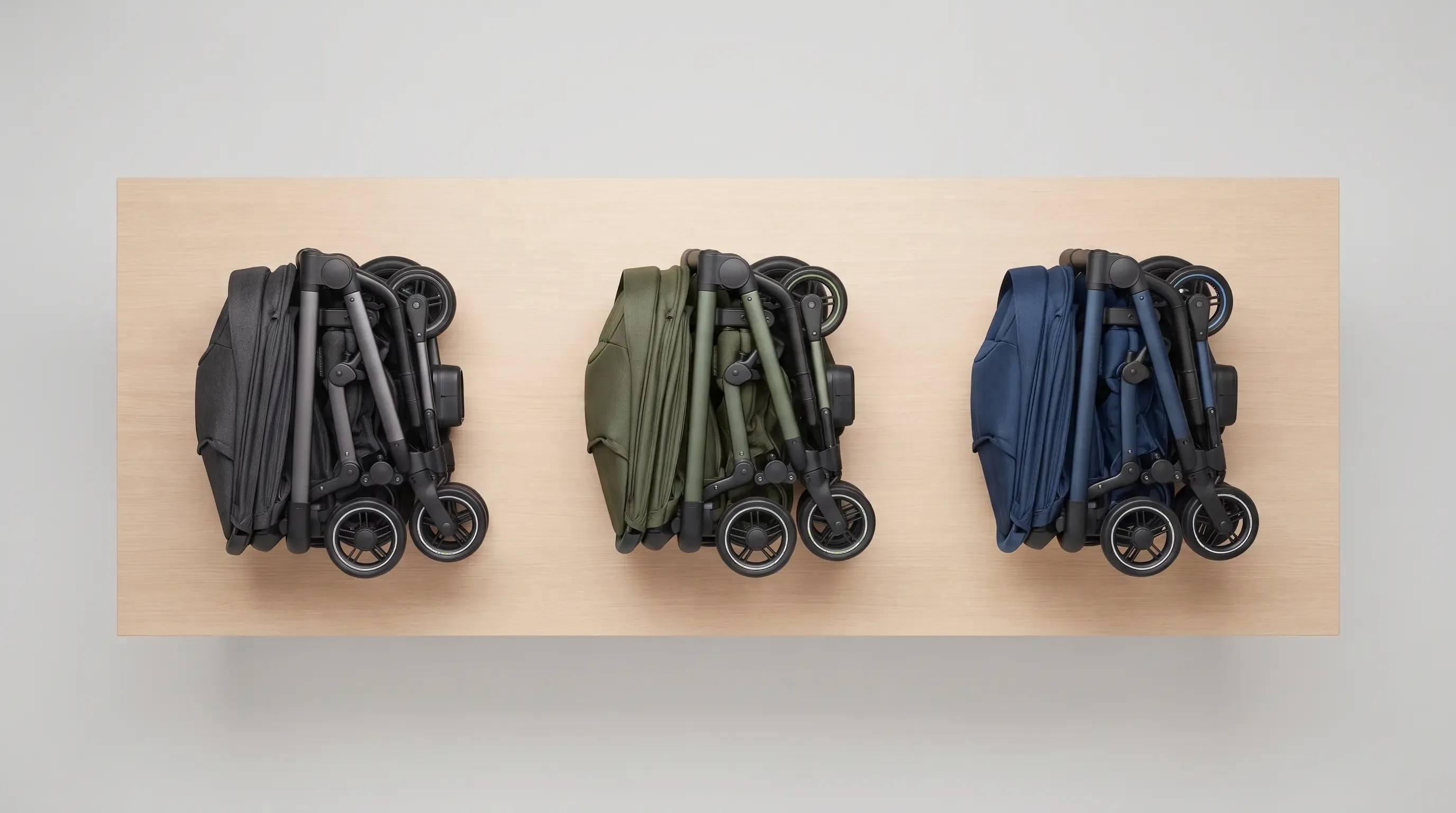 Varias sillas de paseo compactas plegadas para comparar su tamaño