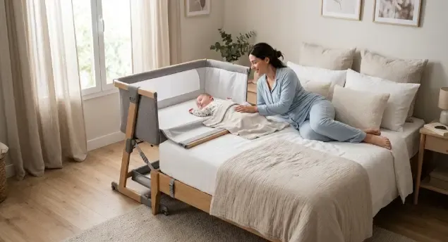 Cuna de colecho tipo sidecar junto a la cama de los padres
