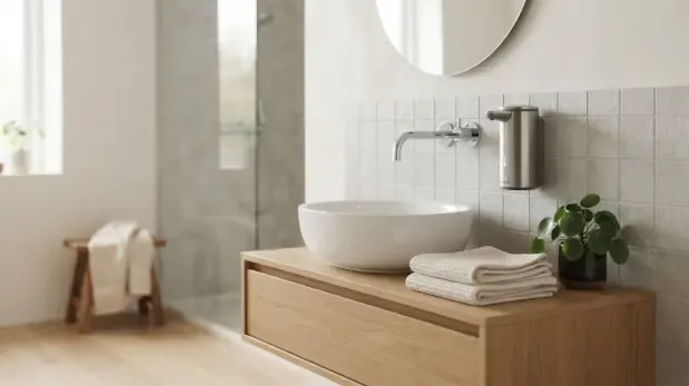 Dispensador de jabón automático instalado en un baño moderno
