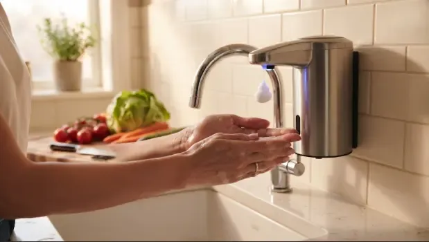 Dispensador de jabón automático en uso en una cocina