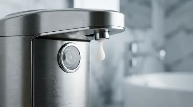 Detalle del sensor y la boquilla de un dispensador de jabón automático