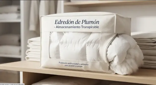 Edredón de plumón guardado en una funda de algodón transpirable