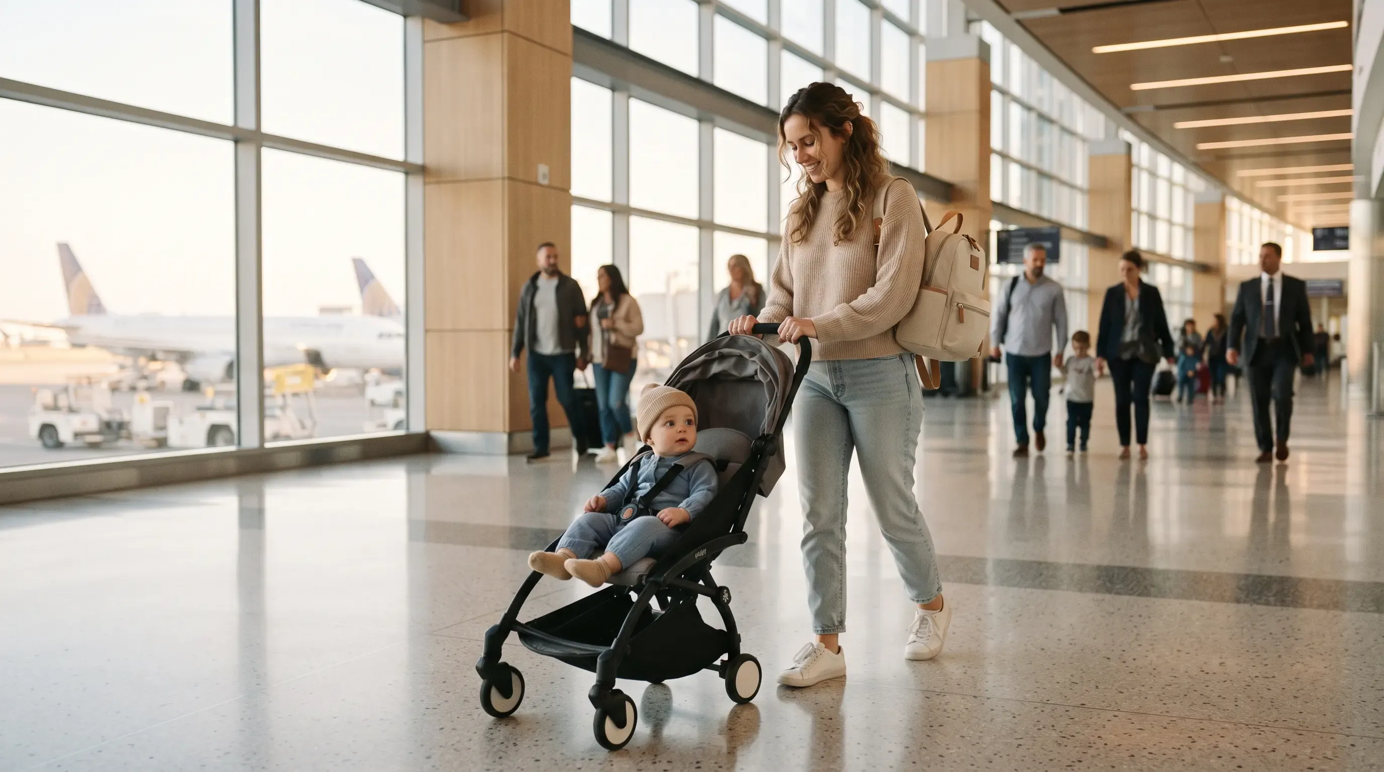 Familia viajando por un aeropuerto con una silla de paseo compacta y una mochila