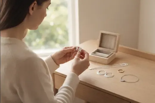 Mujer revisando pendientes y joyas de distintos metales sobre una superficie clara
