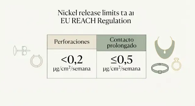 Infografía sobre límites de liberación de níquel según REACH para joyería y perforaciones