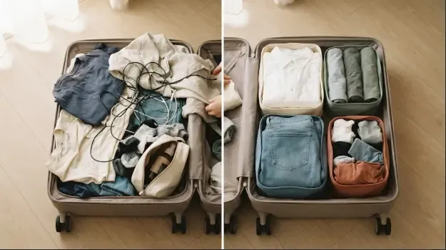 Comparativa entre maleta desorganizada con ropa suelta y maleta organizada con packing cubes