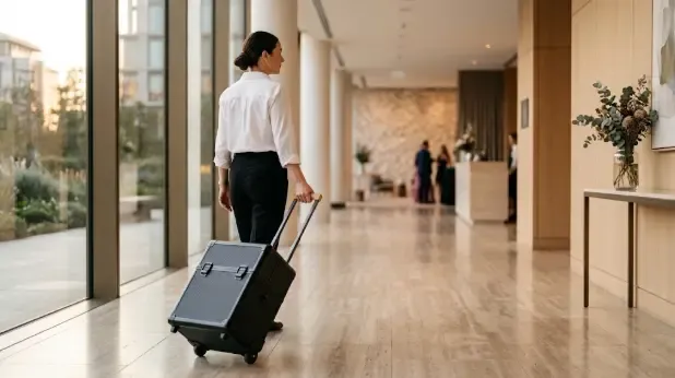 Maquilladora profesional transportando su kit en un trolley con ruedas para bodas y eventos