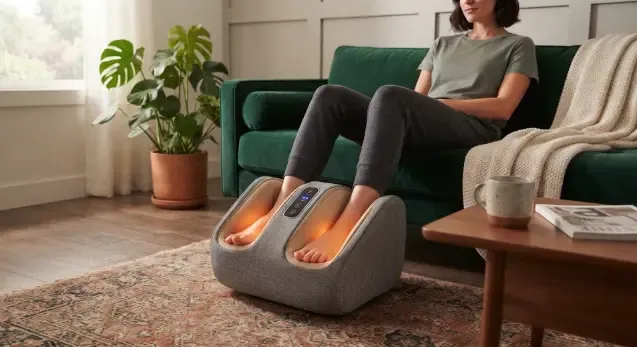 Masajeador de pies con calor y Shiatsu sobre una alfombra de salón