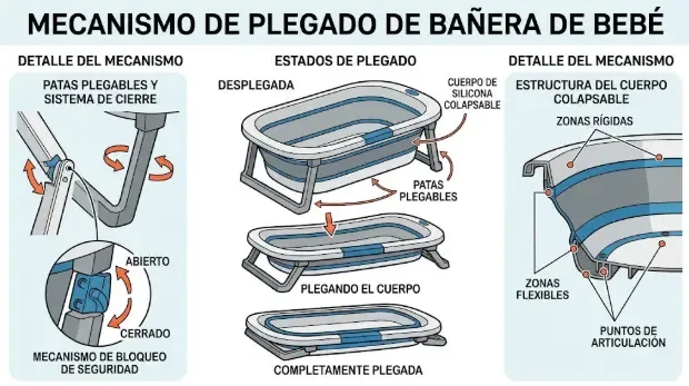 Detalle del mecanismo de plegado de una bañera plegable para bebé