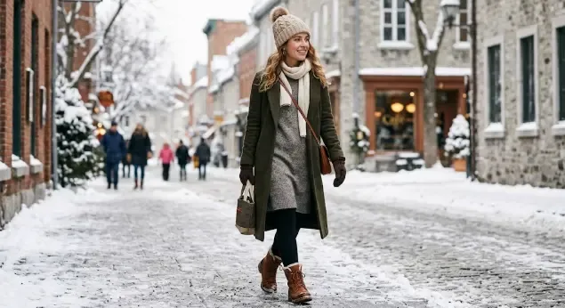 Mujer con medias térmicas efecto piel debajo de un vestido de invierno