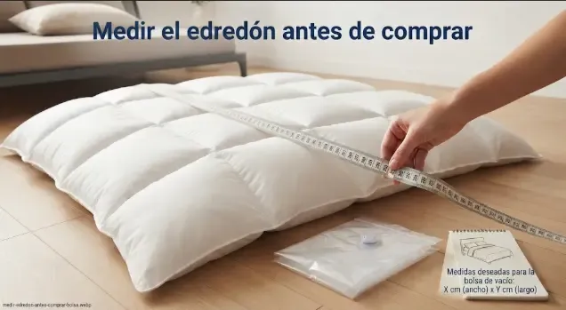 Manos doblando un edredón nórdico con cinta métrica sobre la cama