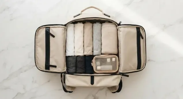 Mochila de viaje 40x20x25 abierta con ropa organizada