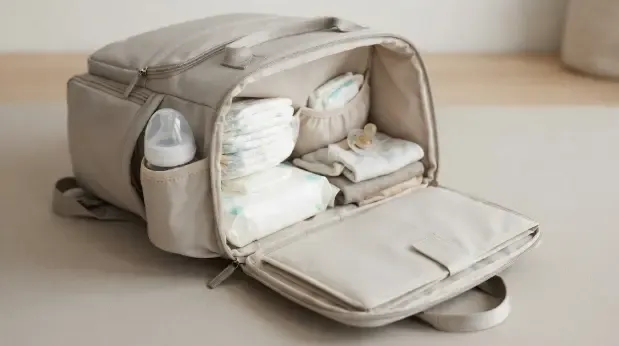 Mochila para pañales abierta mostrando compartimentos organizados con pañales, toallitas y biberón