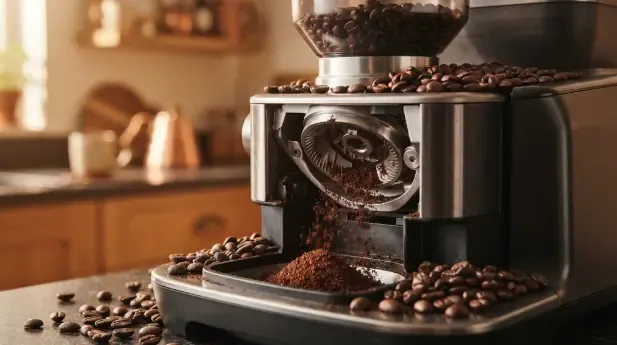 Molinillo integrado de una cafetera superautomática moliendo granos de café