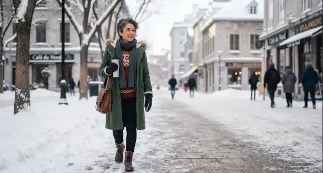 Mujer con abrigo de plumas largo y bufanda caminando en un día frío de invierno