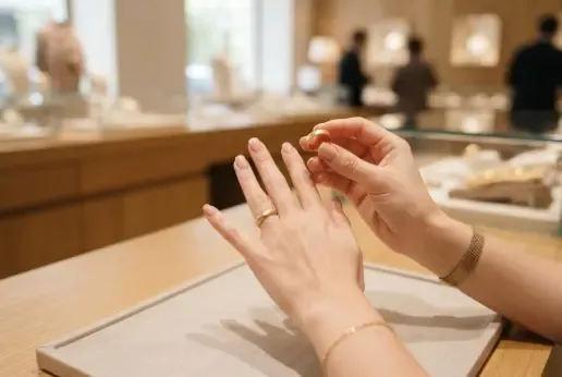 Mujer probándose un anillo de oro en una joyería