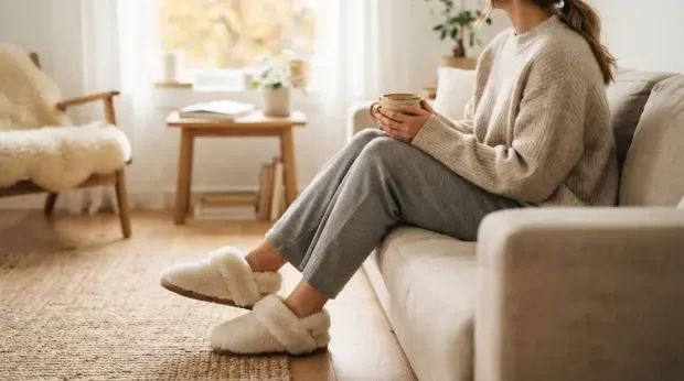 Mujer con zapatillas de borreguito tomando un café en el sofá