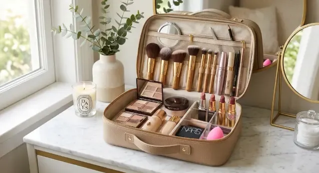 Neceser de maquillaje organizado con brochas y productos