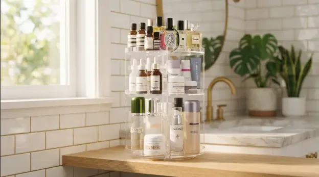 Torre giratoria de 9 niveles con cremas, sérums y perfumes en un baño luminoso