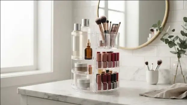 Organizador de maquillaje giratorio de acrílico transparente sobre encimera de baño con cosméticos ordenados