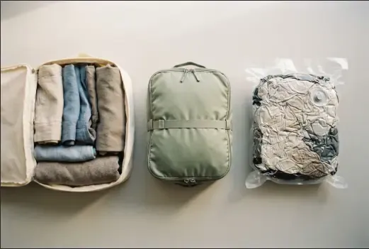Comparativa visual entre packing cube normal, packing cube de compresión y bolsa de vacío
