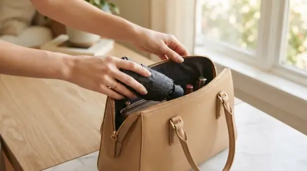 Mujer guardando un paraguas plegable compacto en el bolso