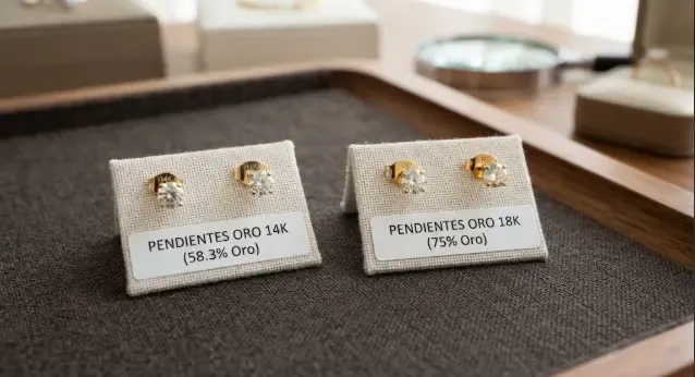 Pendientes de oro 14k y 18k comparados lado a lado sobre fondo neutro