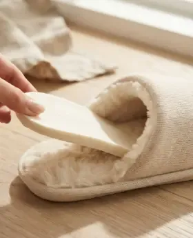 Detalle de la plantilla viscoelástica de una zapatilla de casa