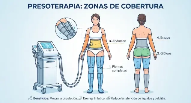 Esquema de las zonas que puede cubrir una bota de presoterapia: pie, tobillo, pantorrilla, rodilla y muslo