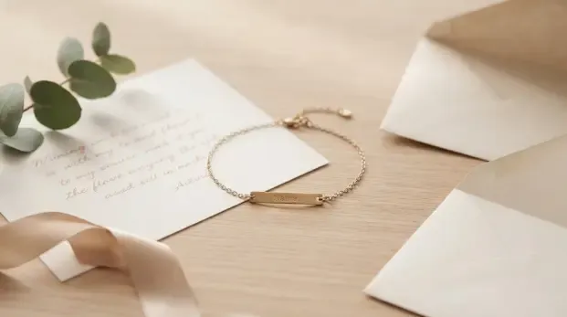Pulsera personalizada con el nombre de un bebé sobre una mesa junto a una tarjeta escrita a mano