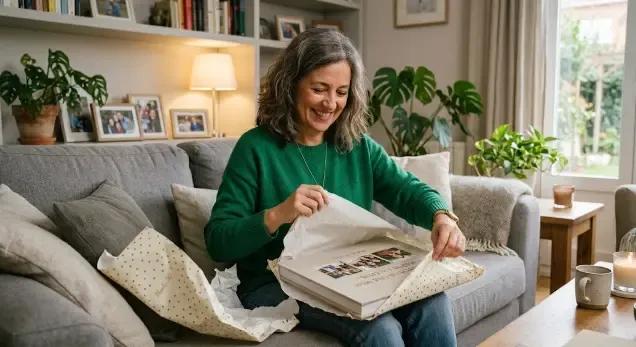Mujer de 50 años abriendo un regalo personalizado en casa