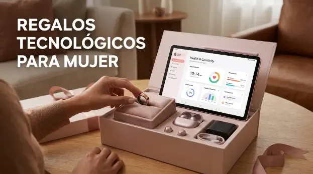 Anillo inteligente y tablet sobre una mesa de mármol con flores
