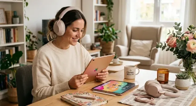 Mujer con auriculares y anillo inteligente usando una tablet en el sofá