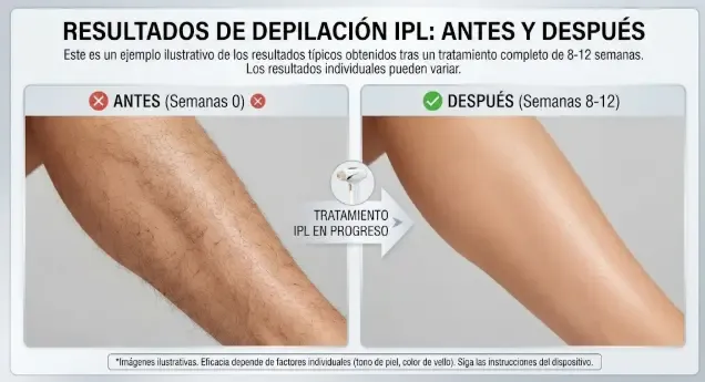 Imagen ilustrativa de resultados orientativos de depilación IPL. Los resultados reales dependen de cada persona y del uso.
