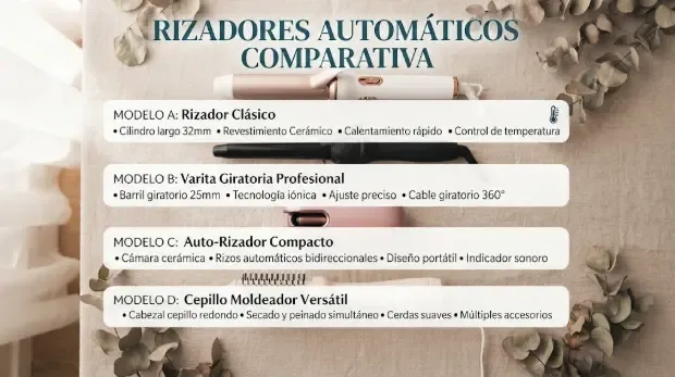 Comparativa de rizadores de pelo automáticos sobre fondo neutro