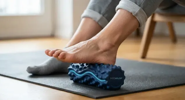 Rodillo de masaje para fascia plantar sobre una superficie clara