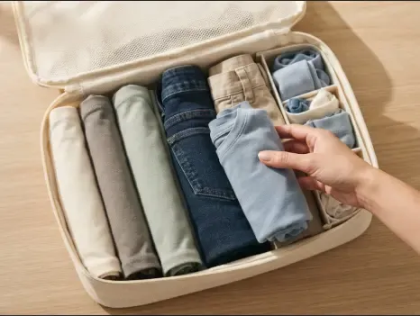 Ropa doblada y enrollada dentro de packing cubes siguiendo el método de organización por categorías